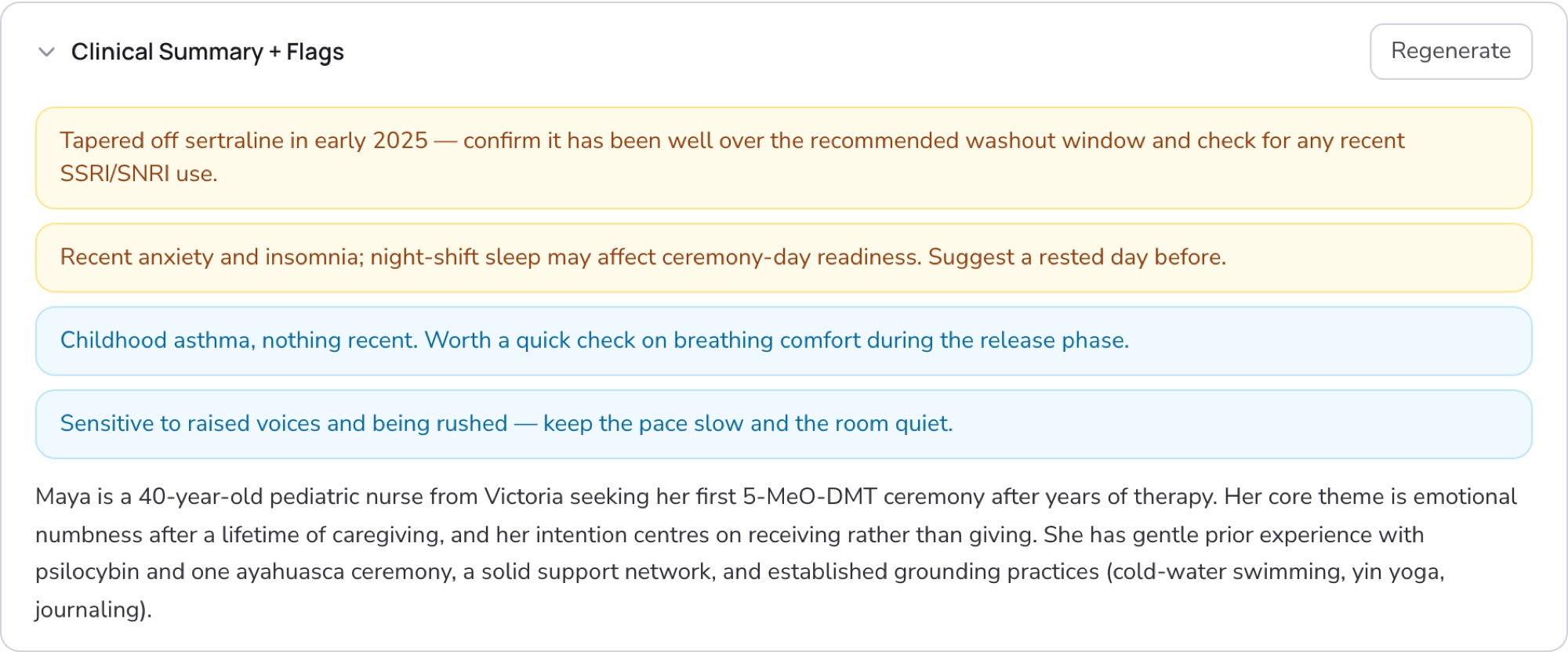 Clinical summary and safety flags