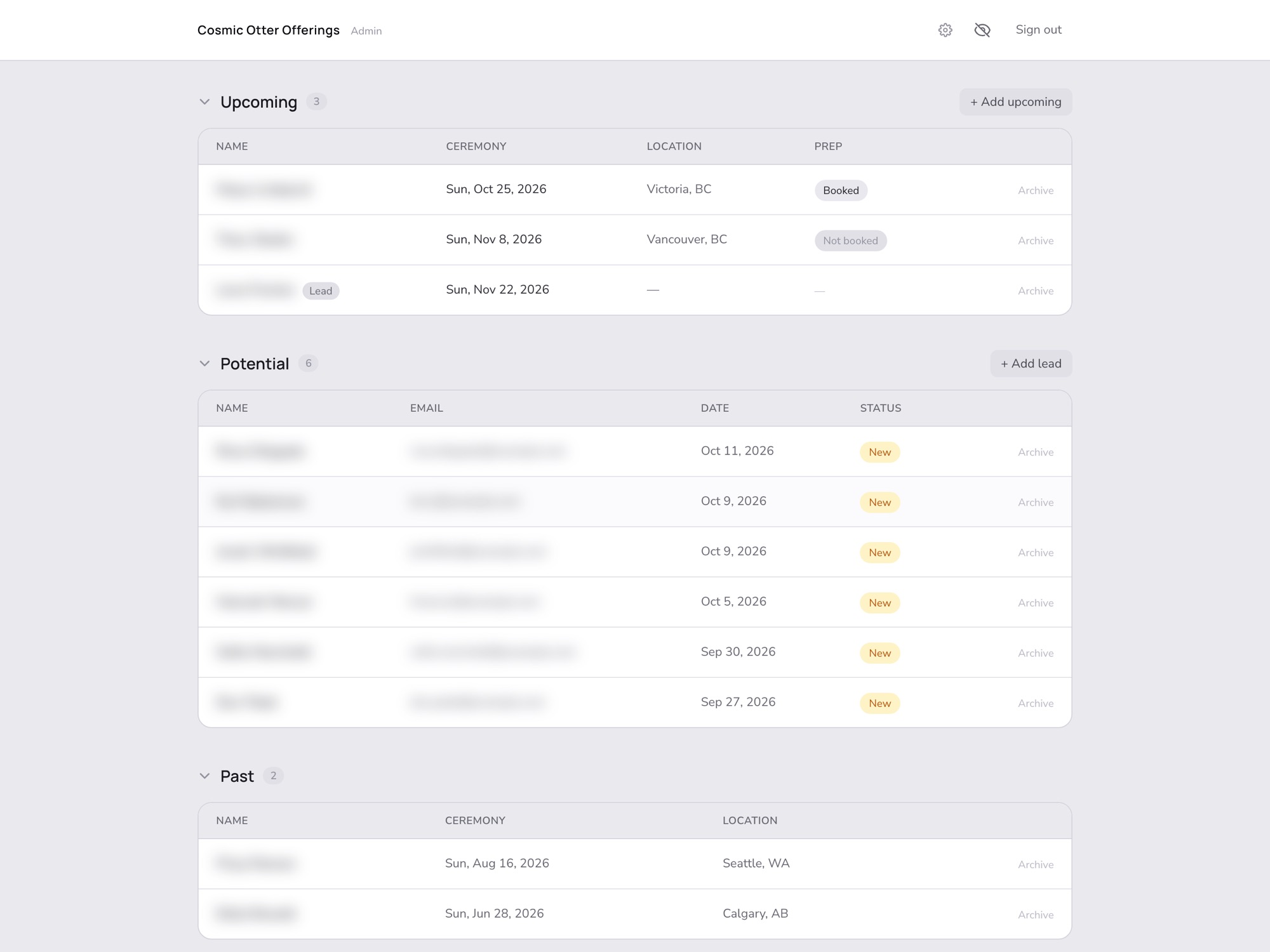 Dashboard with Upcoming, Potential and Past client tables; names and emails are blurred